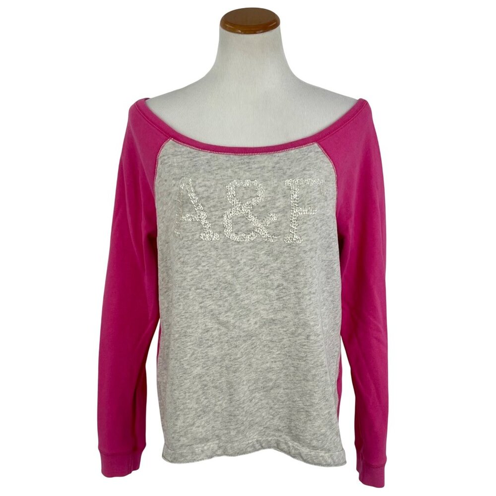 Abercrombie & Fitch Gray & Pink Sequin Logo Slouchy On/Off Shoulder Cozy Sweater - Picture 2 of 11